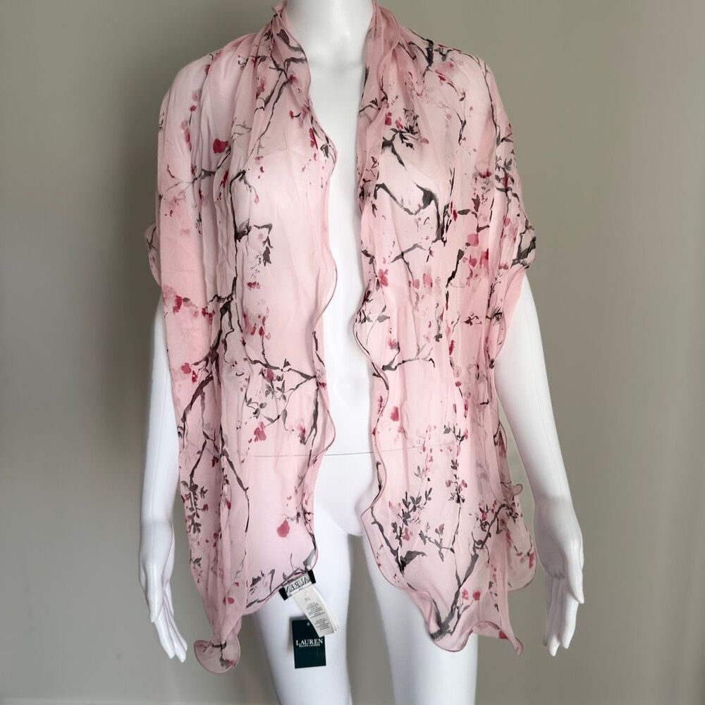 Lauren Ralph Lauren Romantic Floral Sheer Silk Scarf With Ruffle Hem NWT